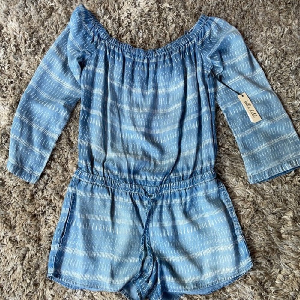 Bella Dahl Blue Chambray Tiki Stripe Off Shoulder Long Sleeve Romper Small NWT
